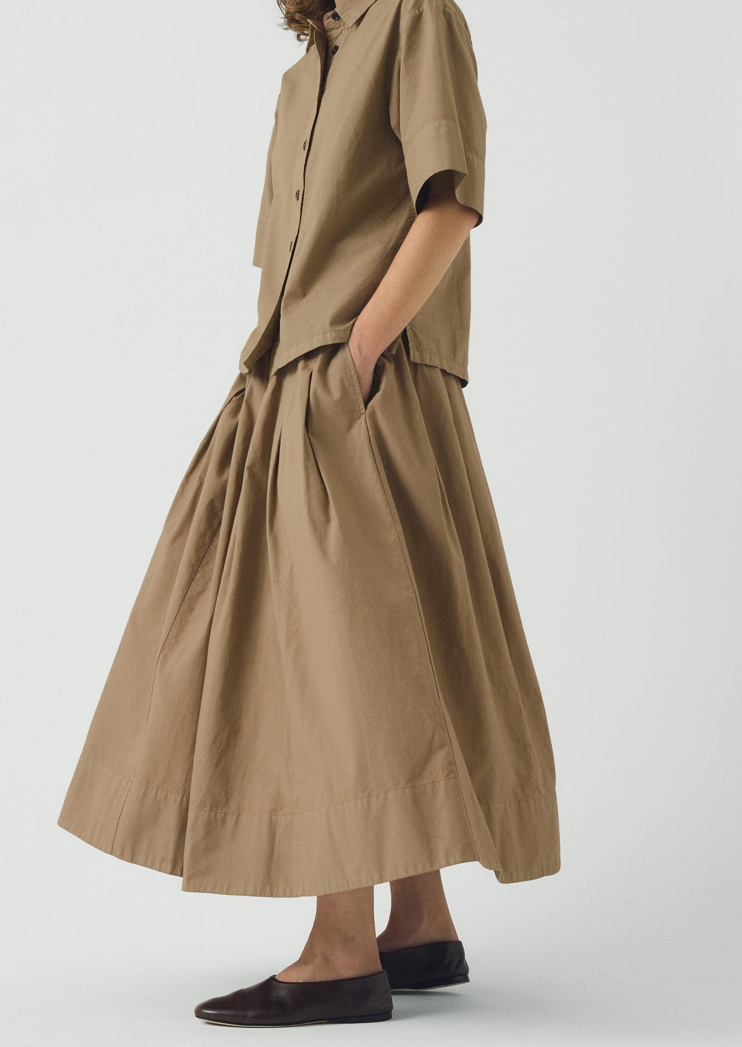 Pleated Cotton Linen Poplin Skirt | Ash Brown