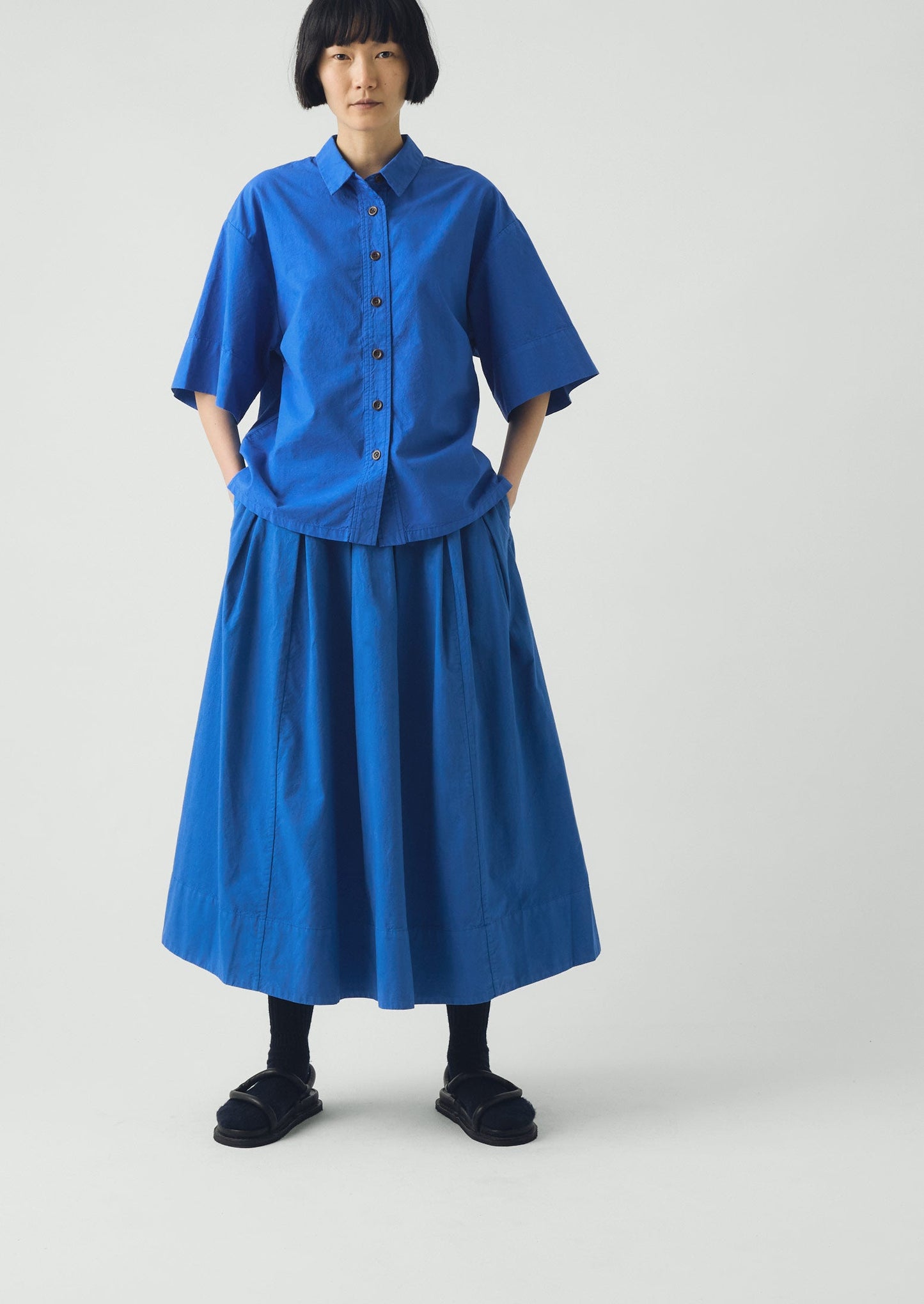Pleated Cotton Linen Poplin Skirt | Enamel Blue