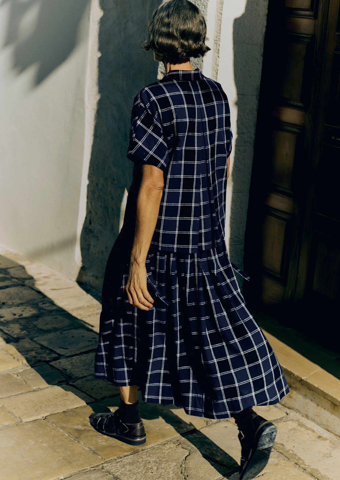 Market Check Pleated Cotton Linen Skirt | Denim Blue