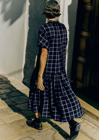 Market Check Pleated Cotton Linen Skirt | Denim Blue