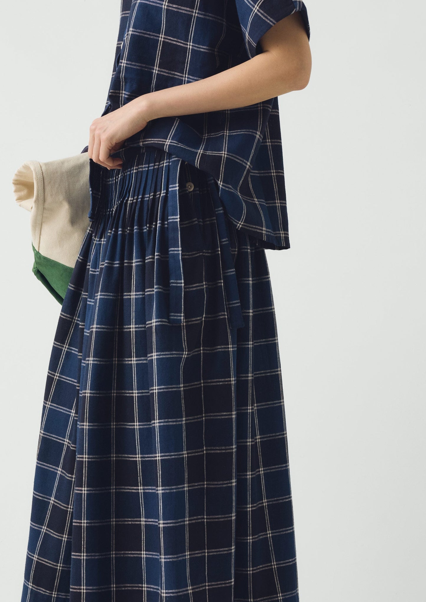 Market Check Pleated Cotton Linen Skirt | Denim Blue