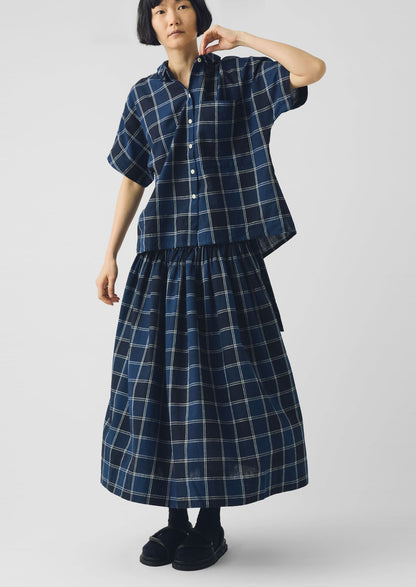 Market Check Pleated Cotton Linen Skirt | Denim Blue