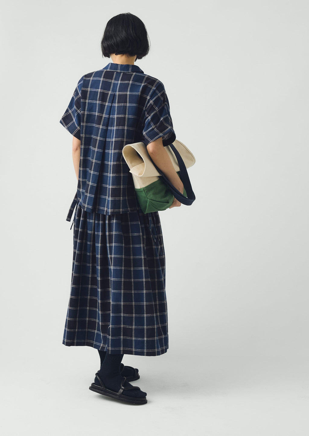 Market Check Pleated Cotton Linen Skirt | Denim Blue