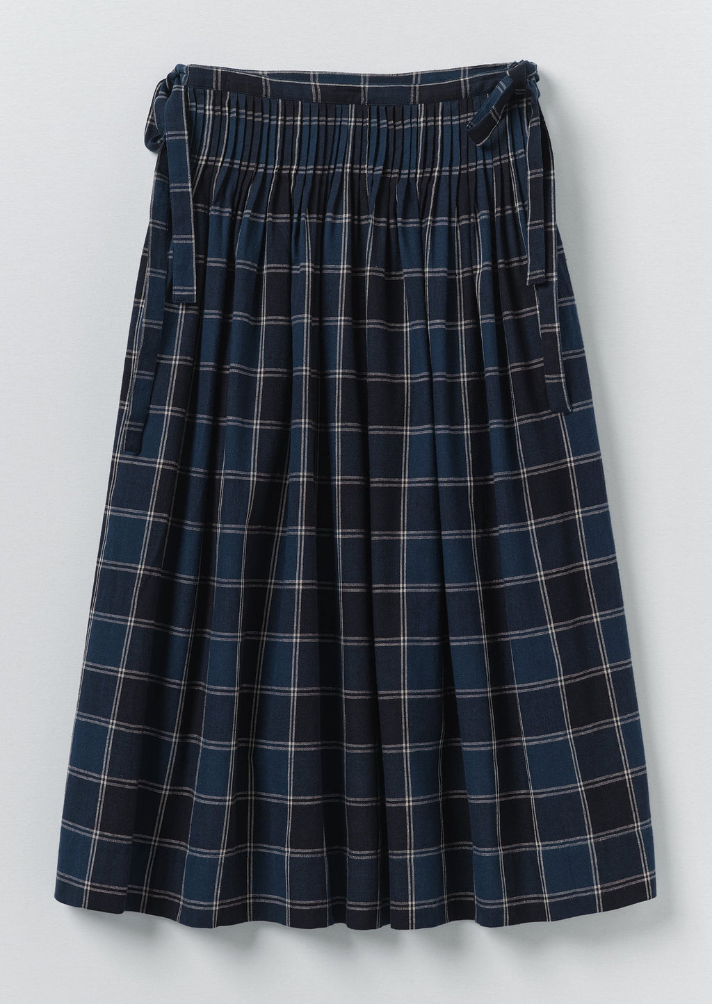 Market Check Pleated Cotton Linen Skirt | Denim Blue
