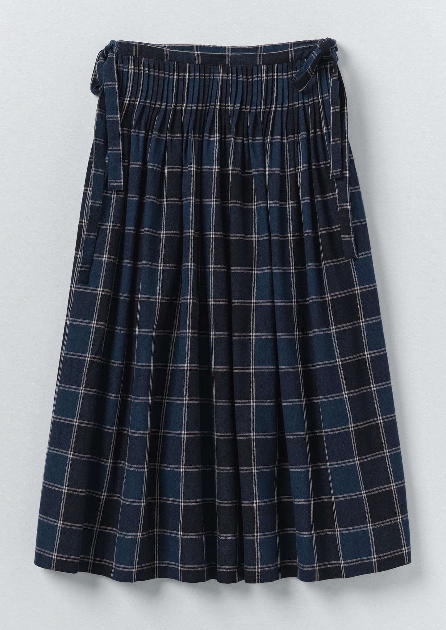 Market Check Pleated Cotton Linen Skirt | Denim Blue