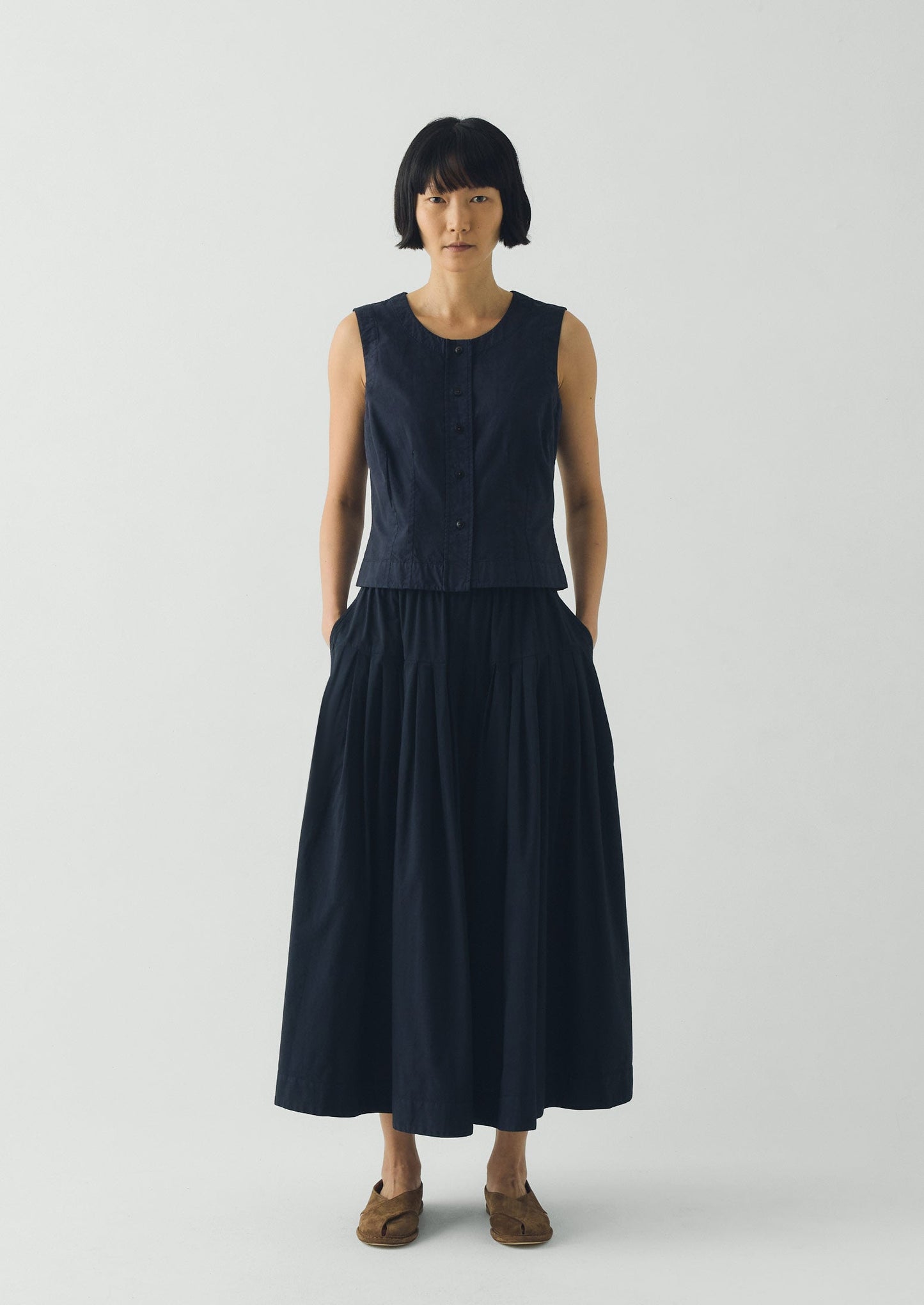 Pleated Raised Stripe Cotton Skirt | Slate