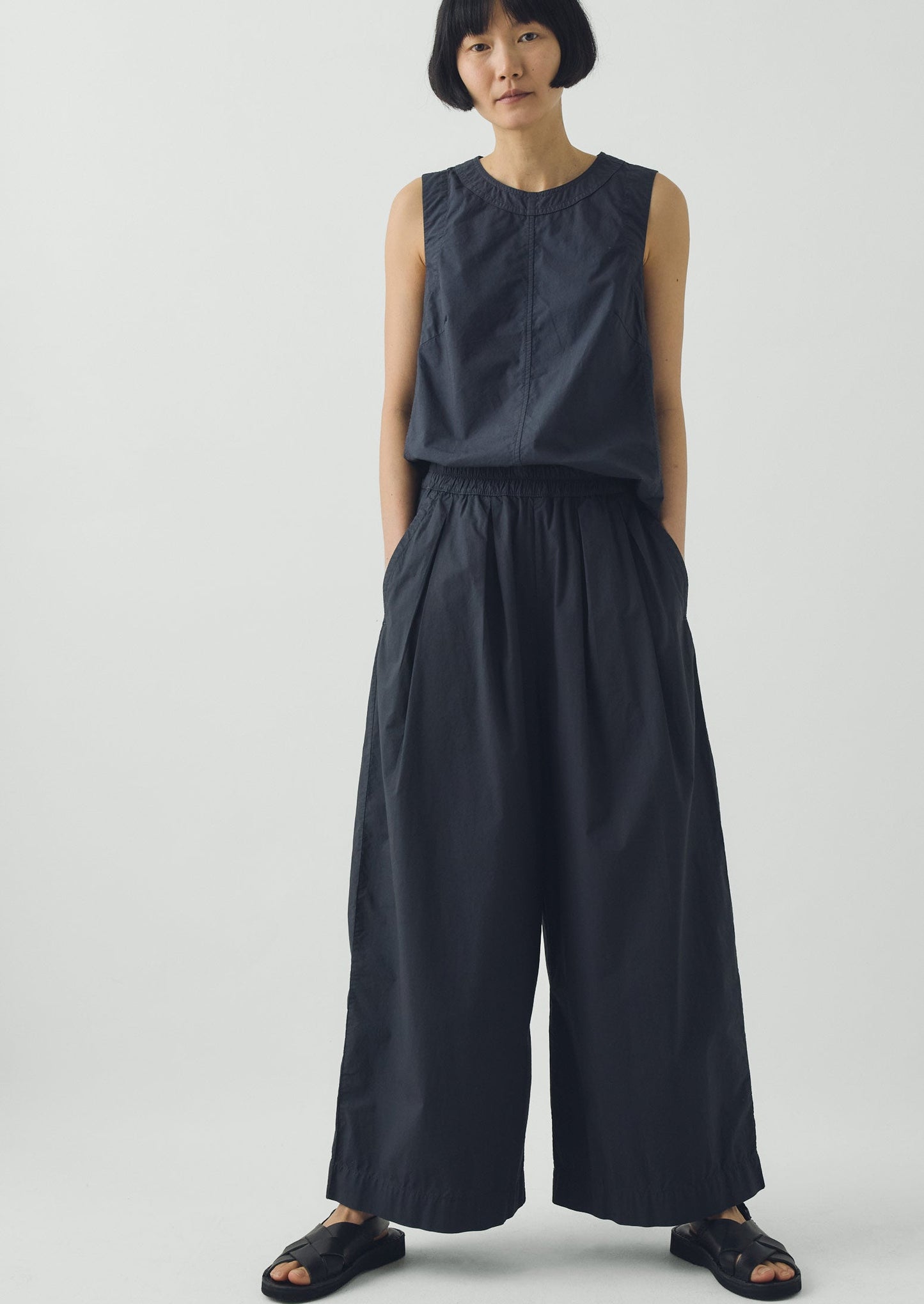 Pleated Pull On Cotton Poplin Trousers | Slate