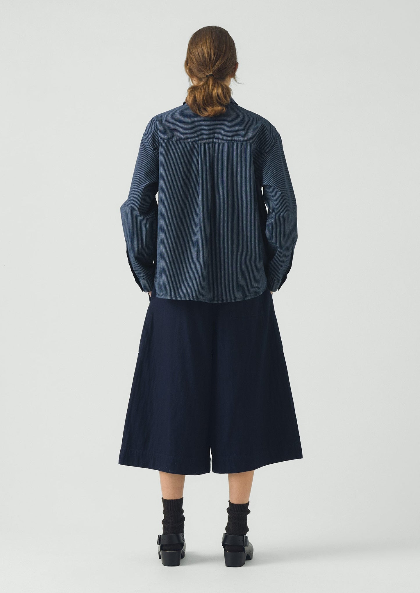Railroad Stripe Cotton Smock Popover Shirt | Denim Blue
