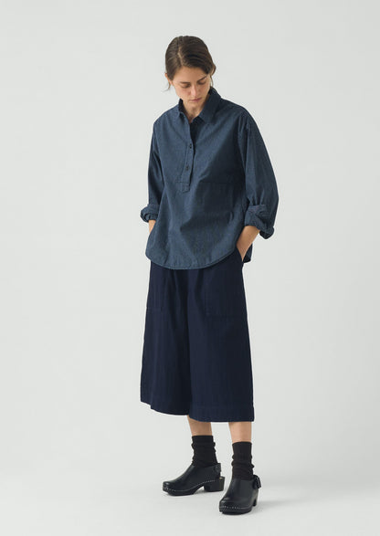 Railroad Stripe Cotton Smock Popover Shirt | Denim Blue