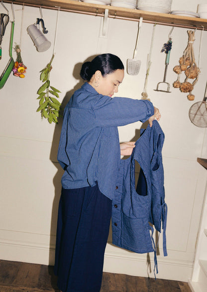 Railroad Stripe Cotton Smock Popover Shirt | Denim Blue