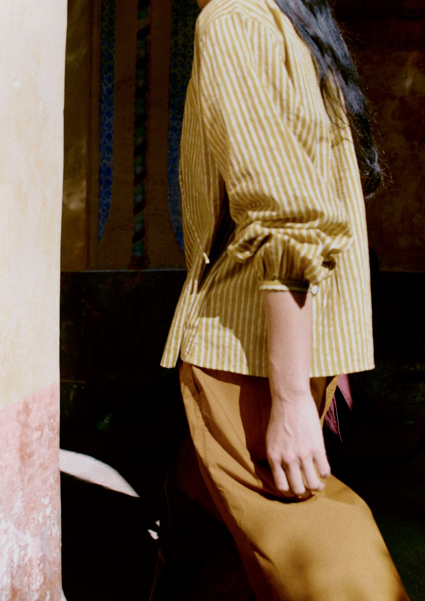 Natural Dye Stripe Cotton Gathered Top | Tumeric