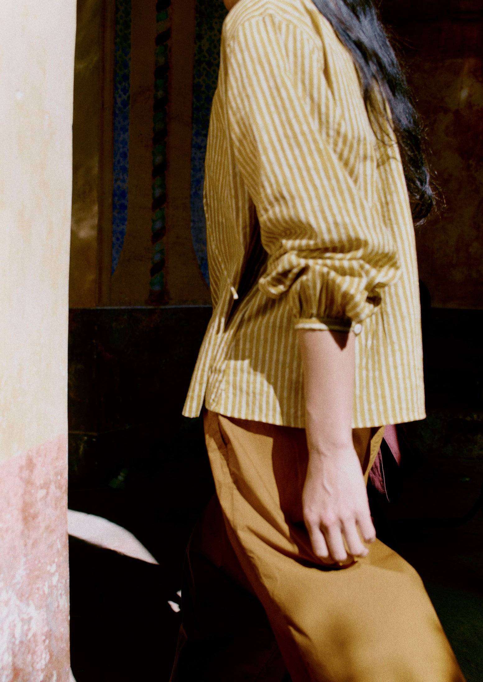 Natural Dye Stripe Cotton Gathered Top | Tumeric