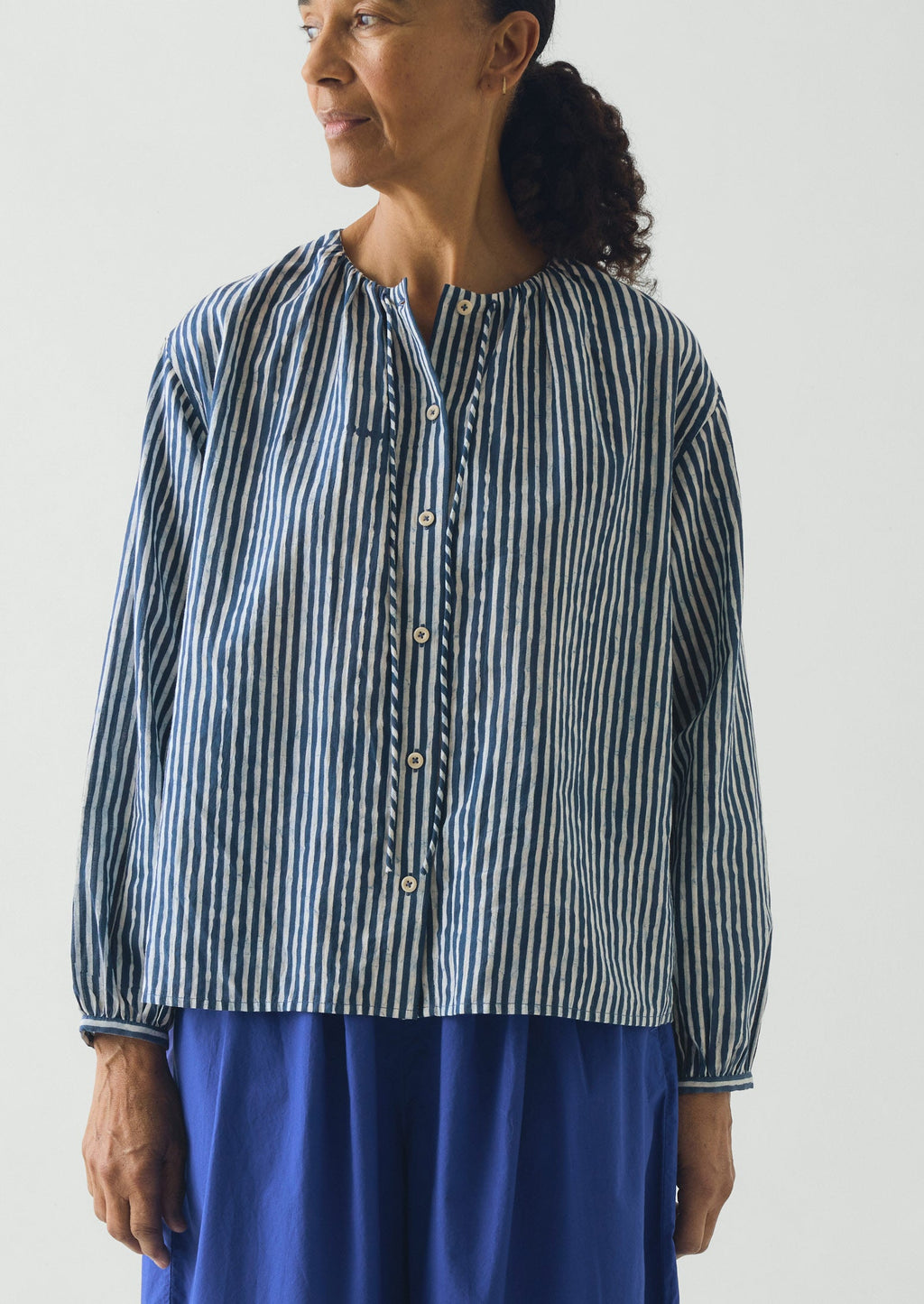 Natural Dye Stripe Cotton Gathered Top | Indigo