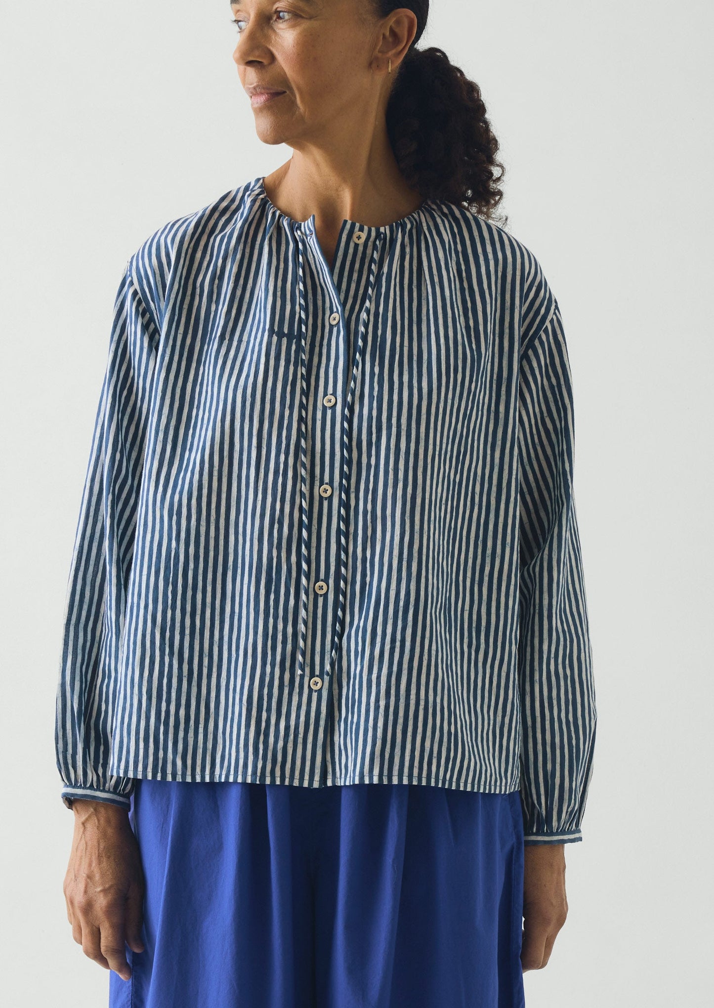 Natural Dye Stripe Cotton Gathered Top | Indigo