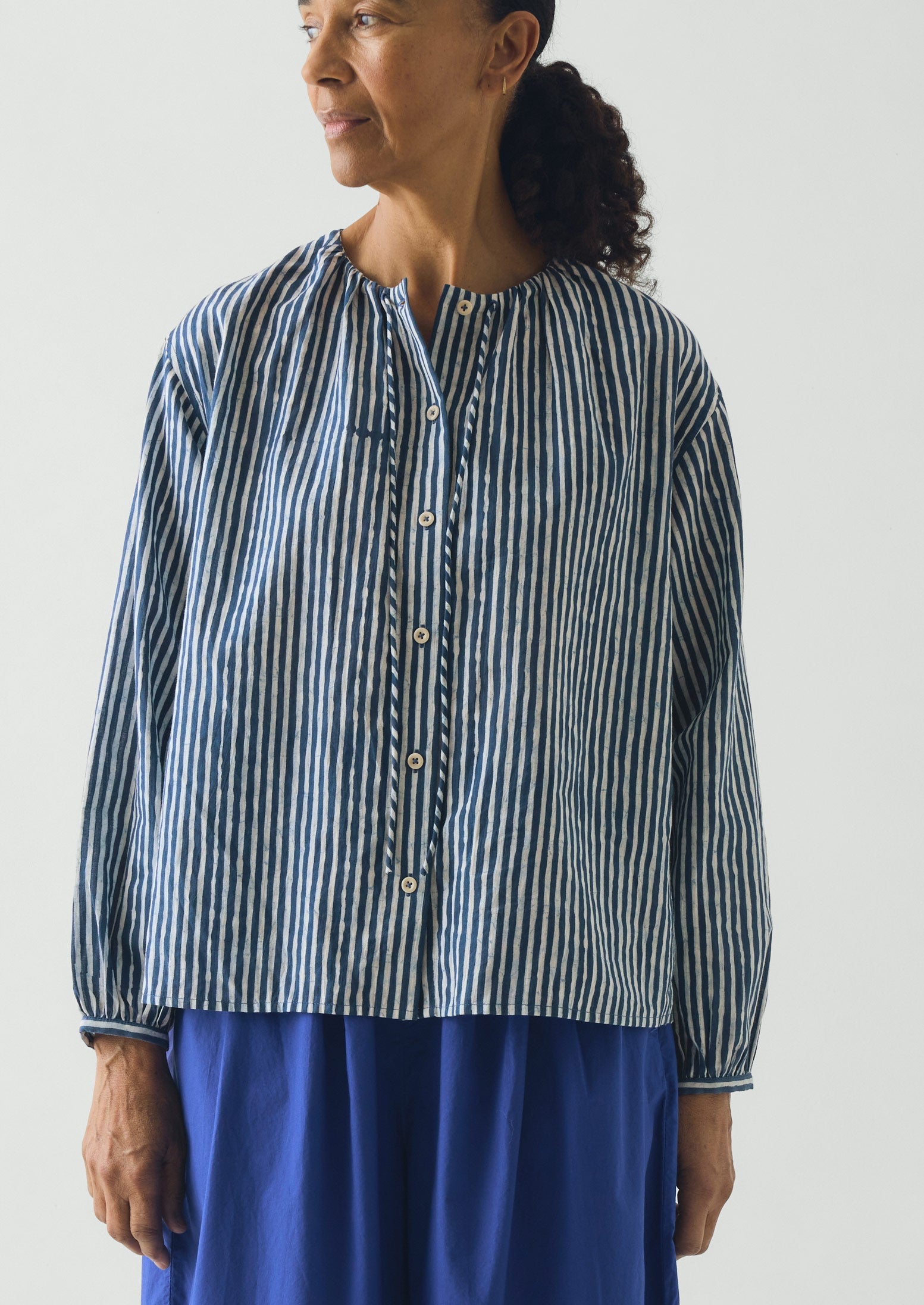 Natural Dye Stripe Cotton Gathered Top | Indigo