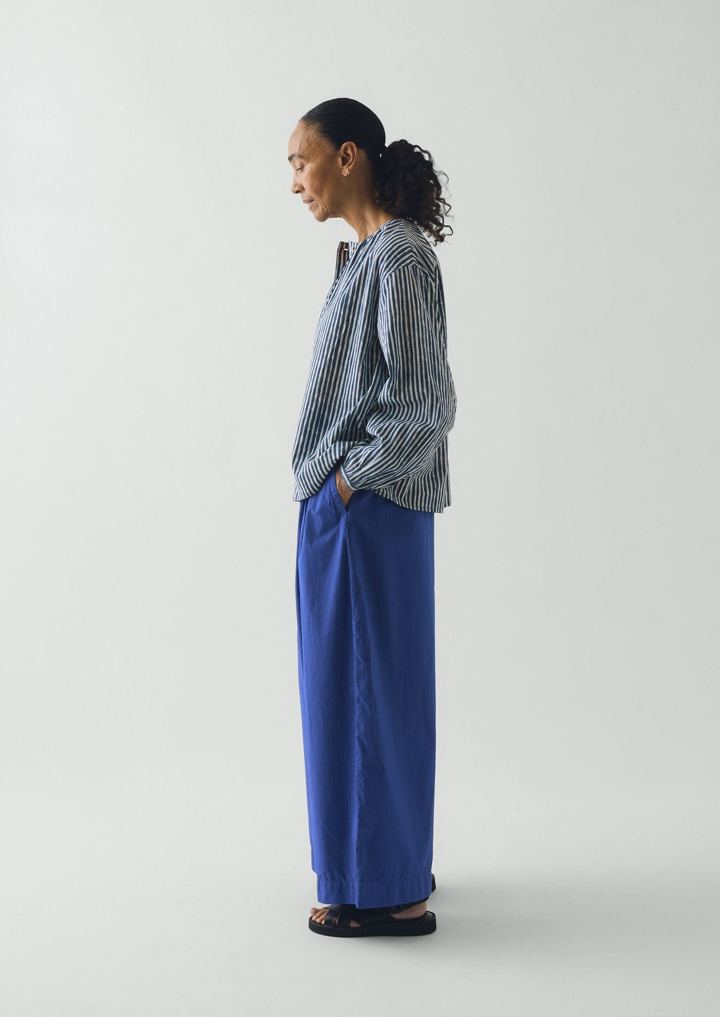 Natural Dye Stripe Cotton Gathered Top | Indigo