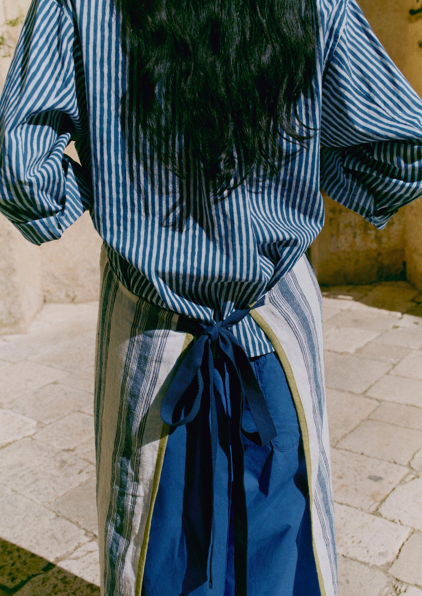 Natural Dye Stripe Cotton Gathered Top | Indigo