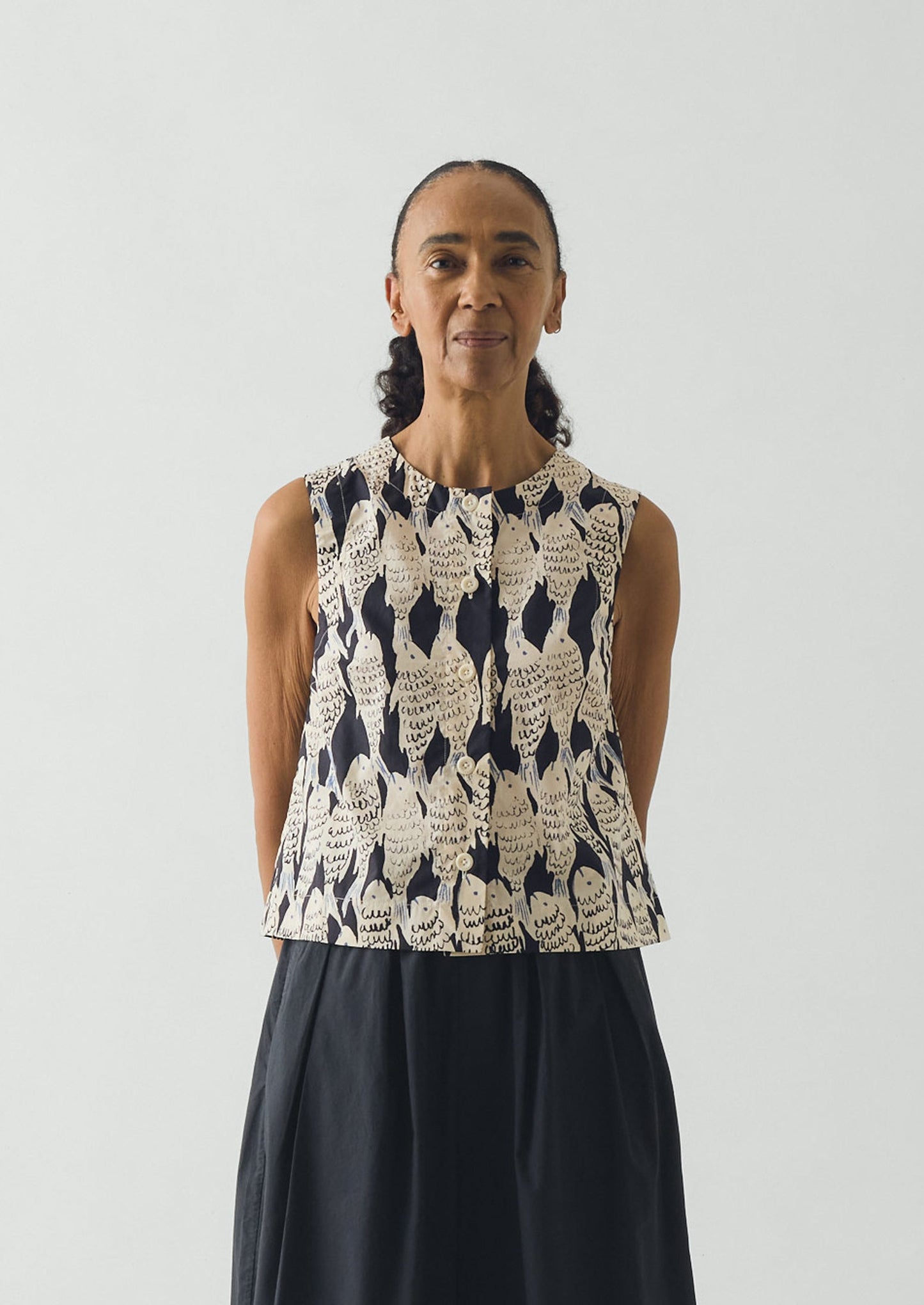 Market Fish Print Cotton Poplin Top | Slate