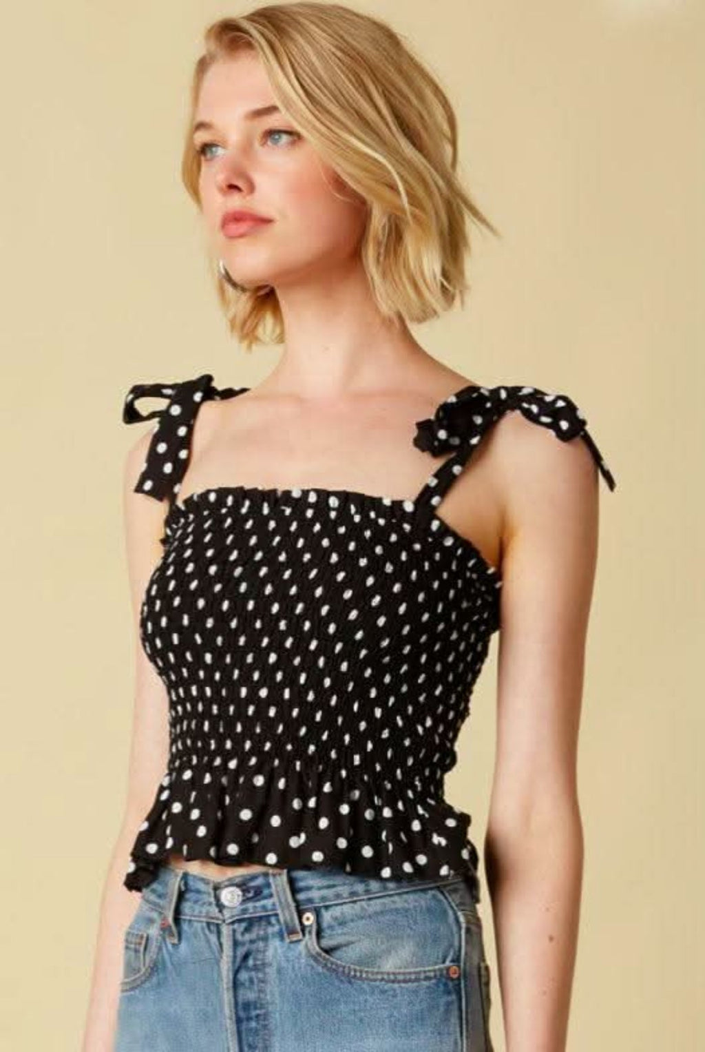 Olivia Black Polka Dot Smocked Top