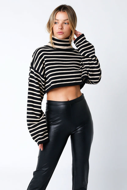 Marla Black & Natural Striped Cropped Turtleneck Sweater