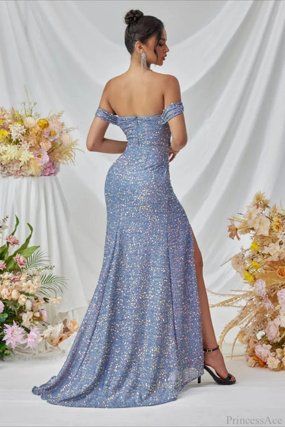 Elegant Off-The-Shoulder Sequin High Slit Fitted Evening Dress