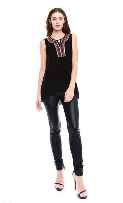 Petra Black Sleeveless Embroidered Neckline Top