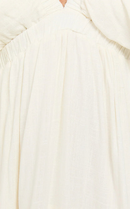 Lyrad Midi Dress - Linen Empire Waist Textured Dress in White