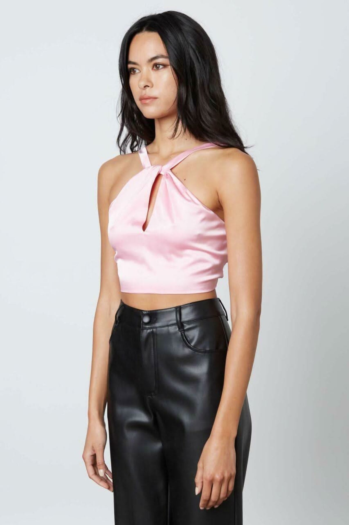 Not So Basic Pink Satin Keyhole Cropped Halter Top
