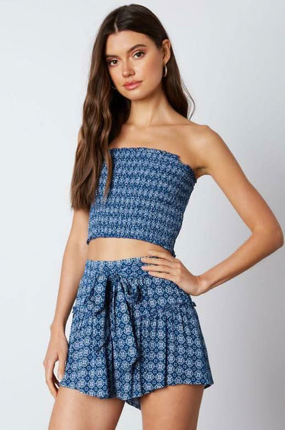 Mykonos Blue Print Cropped Two-Piece Skort Set