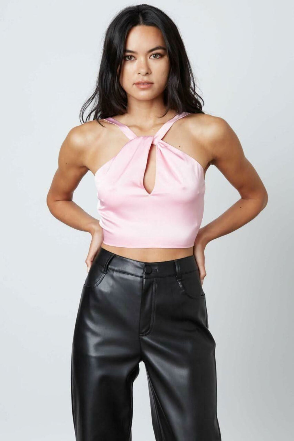 Not So Basic Pink Satin Keyhole Cropped Halter Top