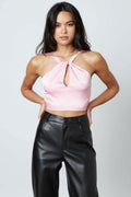 Not So Basic Pink Satin Keyhole Cropped Halter Top