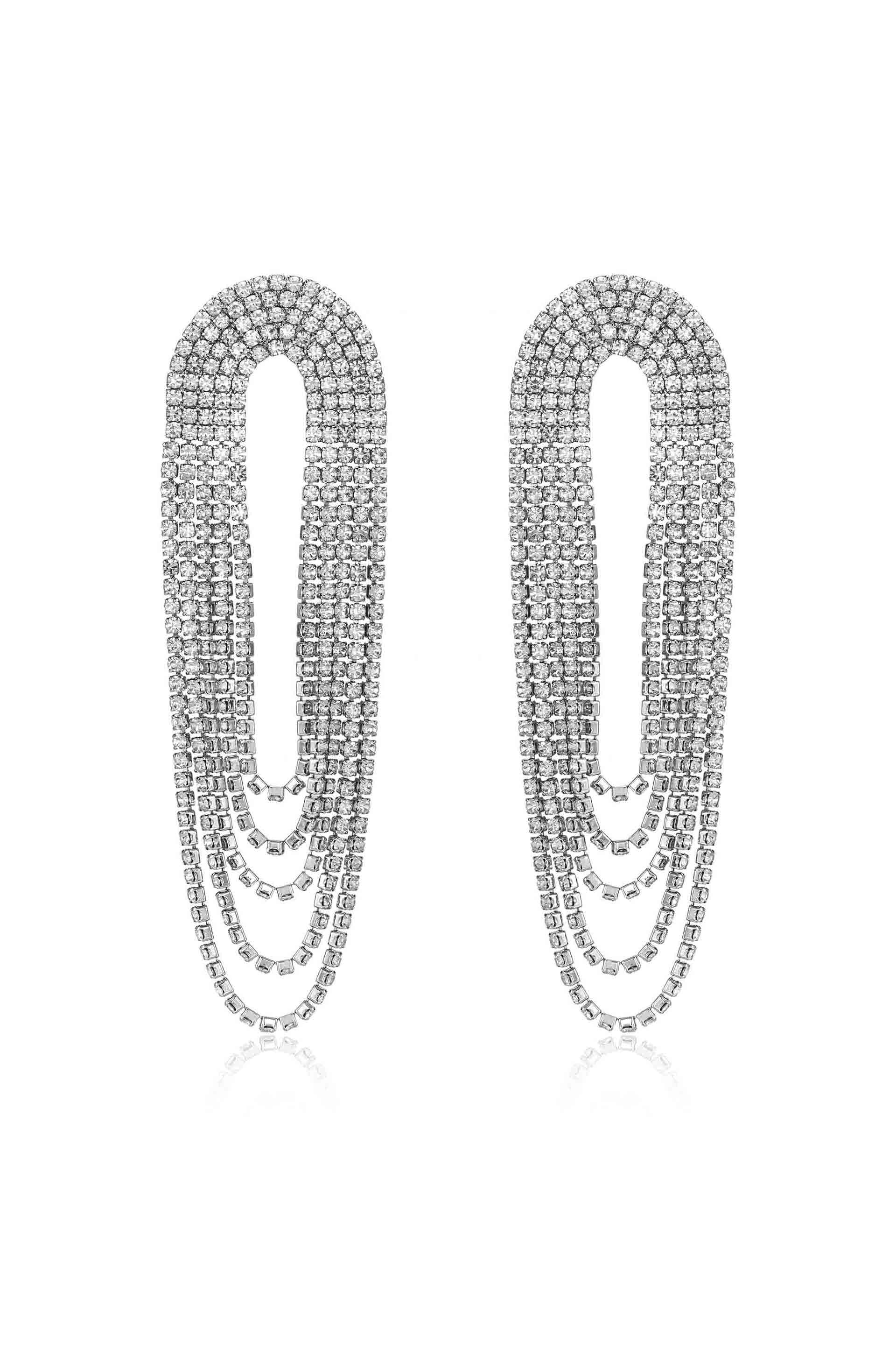 Crystal Drape Fringe Earrings - Silver