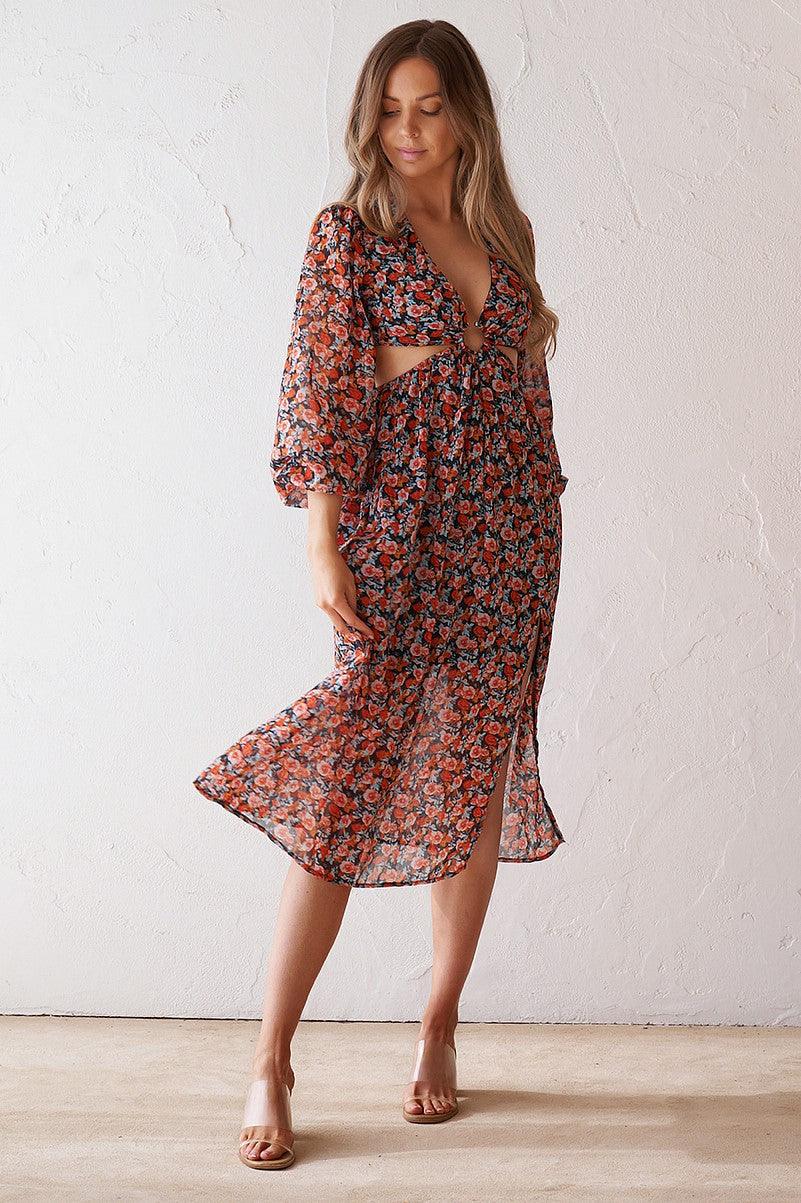 Luciana Midi Dress - Black Floral
