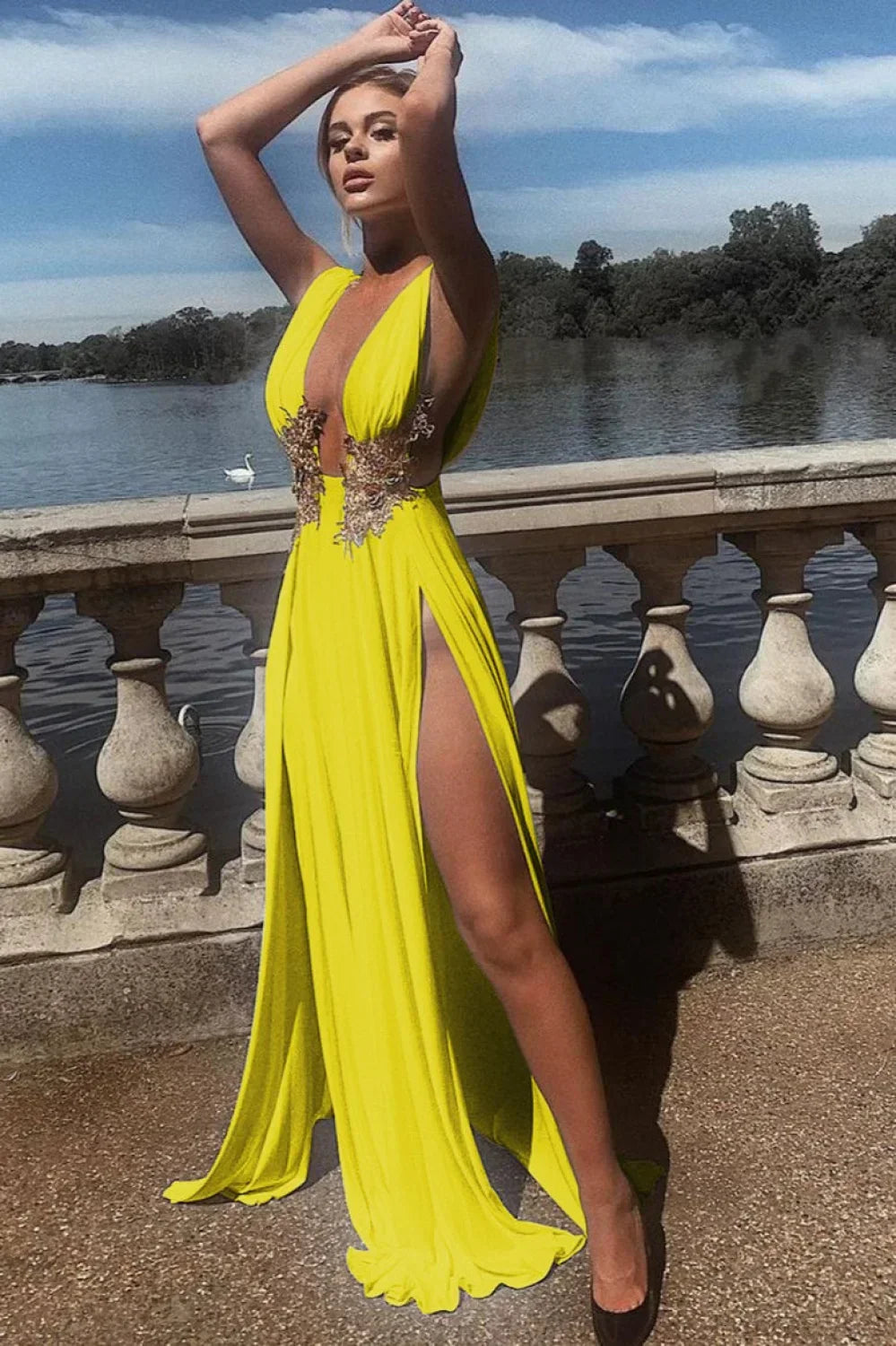 Sexy Deep V High Slit Flared Evening Dress