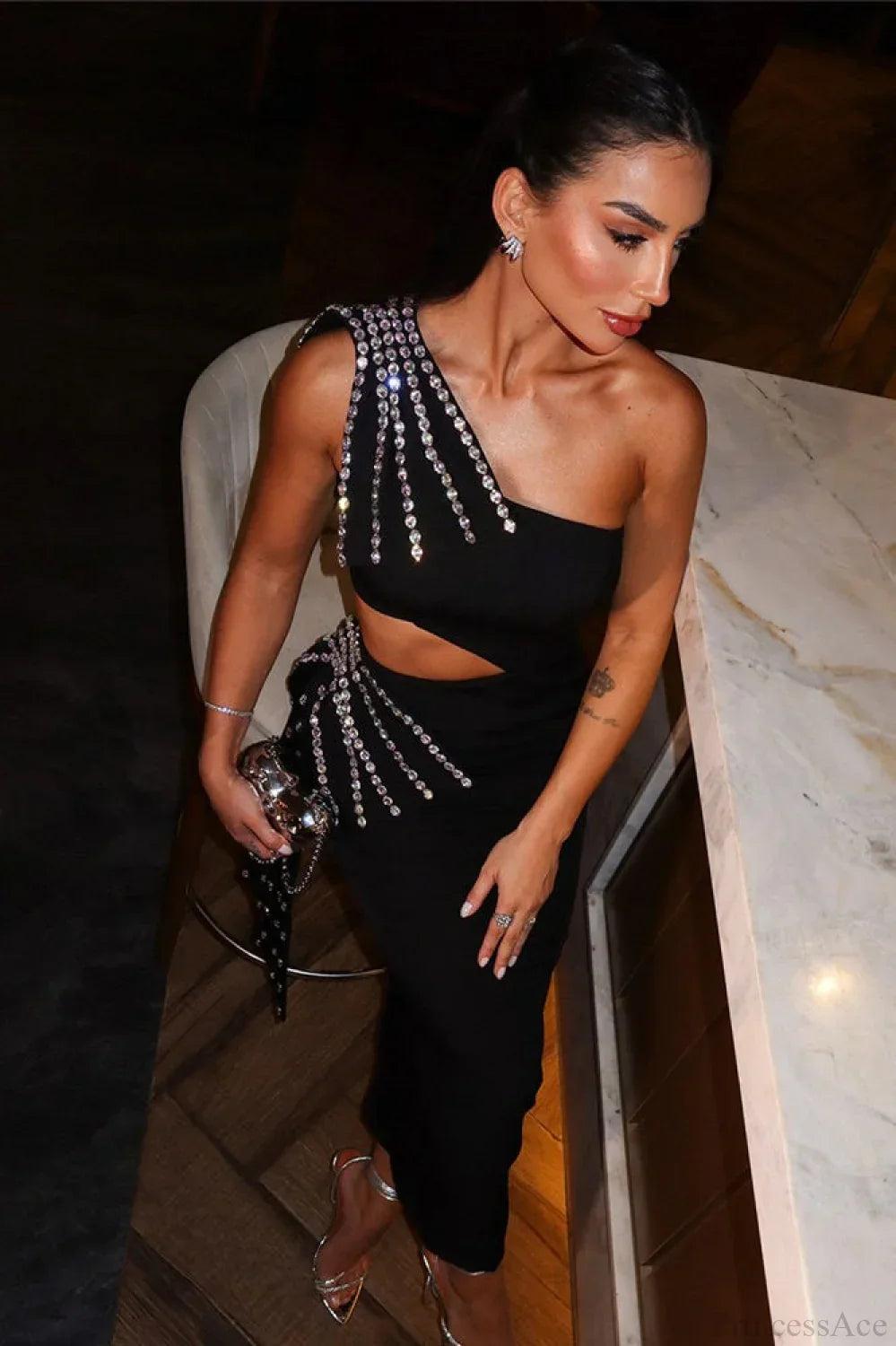 Sexy One-Shoulder Cutout Bodycon Rhinestone Evening Dress