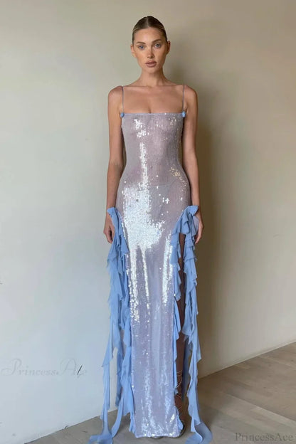 Sultry Sequined Ruffled 3D Floral Evening Dress