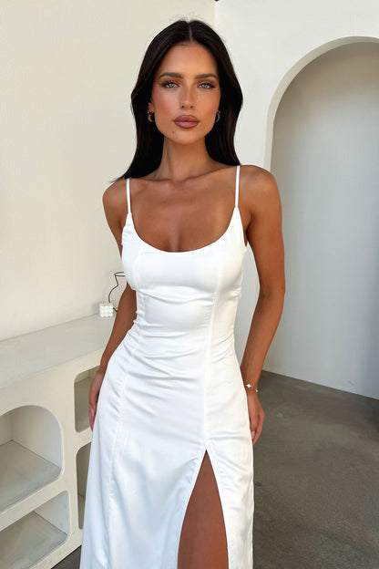 Violetta Scoop Neck Satin Maxi Dress - White
