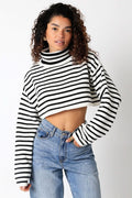 Marla White & Black Striped Cropped Turtleneck Sweater
